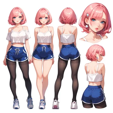  score_9,  score_8_up,  score_7_up,  score_6_up,  Character Design Page , Alone,  1girl, ( light red hair,  woven :1.3), perfect lips,  penetrates , (cute gym girl),  white dolphin shorts, cropped white tank ,  black tights 、 sneakers,  frontal body view, ...