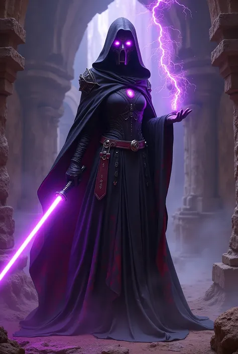 Darth Noctyss, the ultimate Sith lady, stands in the ancient, ominous catacombs of Exegol, the air around her thick with dark energy and whispers of the Force. Her figure is shrouded in a flowing, dark crimson and black Sith cloak, detailed with intricate ...