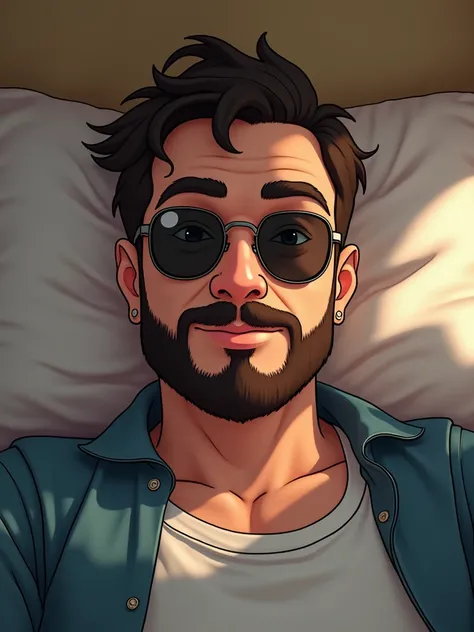 there is a man with sunglasses and a beard sitting on a bed, with sunglass, Selfie Photo 8k, No beard, with glasses and goatee,  with precise face ,  portrait 8k , 2 , 3 , Have a mustache, 2 , 2 , 4 0 years old man , No beard and mustache

anime 3D 