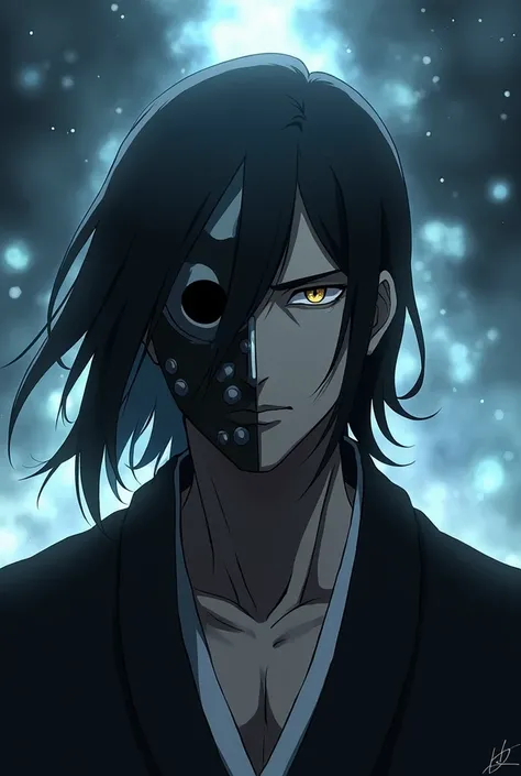 a male character from the anime Bleach with black hair tied with a hollow mask covering his entire face except the lower right