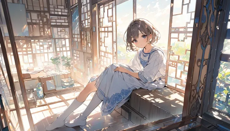 Please depict in a color illustration a high school girl brimming with youthful energy.
A young high school girl with short hair is sitting on the sofa in the living room with her knees bent and wearing knee-high socks, photographed from above in the room....