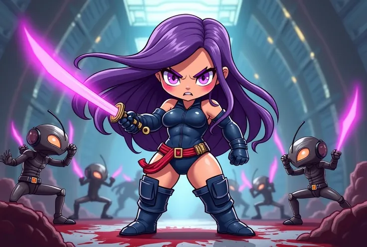  Create a full-body, Chibi / Cartoon with the following characteristics :
 - A curvy woman with long purple hair and an angry expression .  Her eyes are also purple ;
 in her hand - She wears a dark blue swimsuit , that completely covers her torso .  There...