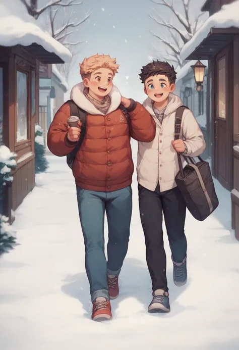  and two people are walking around 、 a cute, thick, and {x} tall, fat, cute, thick-clothed man。2 people are gay。Its getting dark around 19:00 。Its snowing in winter 。 The two are smiling gently in the winter scene 。The two are secretly kissing 。