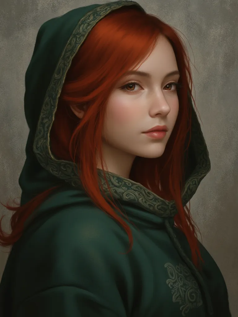 digital painting featuring a woman with striking red hair cascading down her shoulders, with a medieval fantasy background. she ...