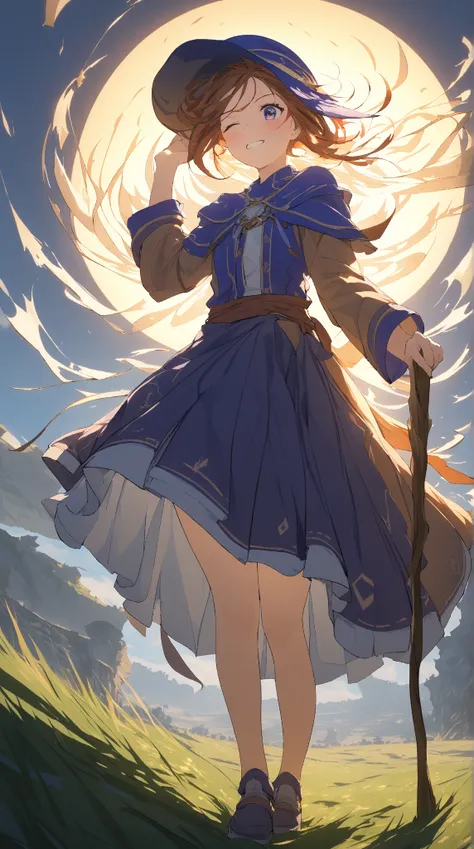 1 girl, (cute face), 18 years old, to many hairstyle, grimace, blush, medium breasts, wearing fantasy game style Mages costume, Sharqi, (knee length:1.2), (skirt lifted by wind:1.3, blown by the wind:1.4),, Mages Hat, one eye closed, holding Mages Staff, a...