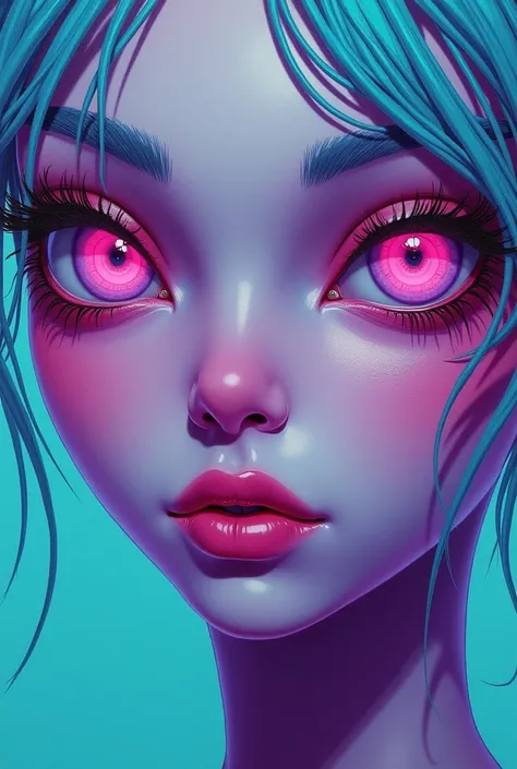 ((( masterpiece))), ((( best quality : 1.4))),(focus on upper body and face)(half body shot) ((super detail: 1.4)) , Hyperdetailed gouache painting of a female alien beauty,  beautiful exotic features , pink neon eyes :1.5,  turquoise ranges hair ,  detail...