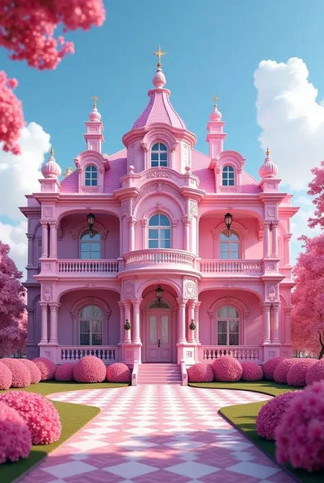 Here is the prompt to create the first image (pink mansion):

"Design a luxurious pink mansion with ornate architecture, featuring tall arched windows, decorative columns, and intricate detailing. The house is surrounded by well-maintained landscaping, inc...