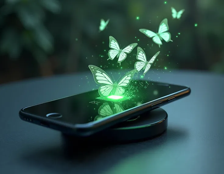 a hyper-realistic image of a brand new smartphone, with perfect charging dock. You can see the battery completely charged, green and some butterflies coming out of the screen.