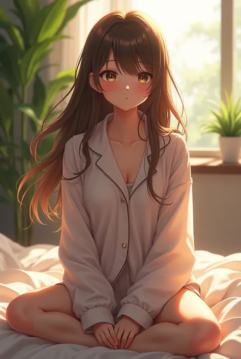 (photorealism:1.2), beautiful anime girl, sitting on bed, pajama pants, brown wavy hair, indoors, soft lighting, plants in background, window with sunlight, cozy room, relaxed pose, realistic, intricate details, warm colors, by Greg Rutkowski, by Alphonse ...