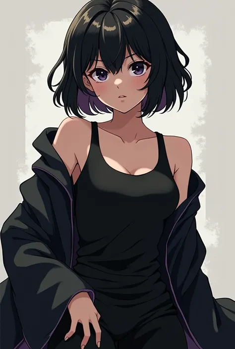 MHA ART STYLE,Black short hair Girl, Black eyes, wearing Black robe and Black Tank top,MHA ART STYLE

