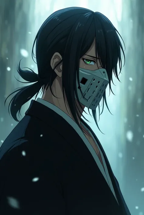 a male character from the anime Bleach with black hair tied with a hollow mask covering his entire face except the lower right