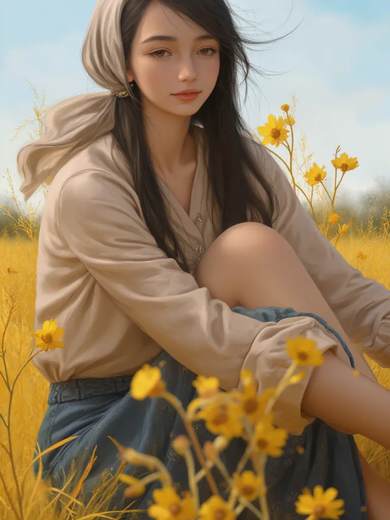 image is a digital artwork featuring a young woman in a pastoral setting. she has fair skin and long, flowing dark hair adorned ...