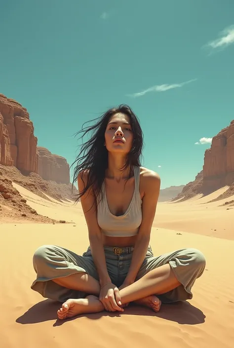 Woman sits pensively in the desert