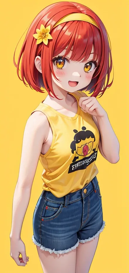 1girl, Solo, High Resolution, Open Mouth, Smile, Blush, stickers, Flipped Hair, Bob Cut, red hair, yellow shirt, turtlesneck, sleeveless, jeans, Simple background, From Above, Dutch Angle, Hair Ornament, Hairband, Digital Art, Anime Style, Anime, 