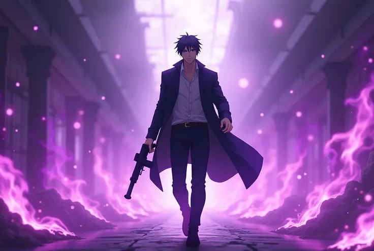 Anime walking man holding gun amid purple flames in hazy atmosphere