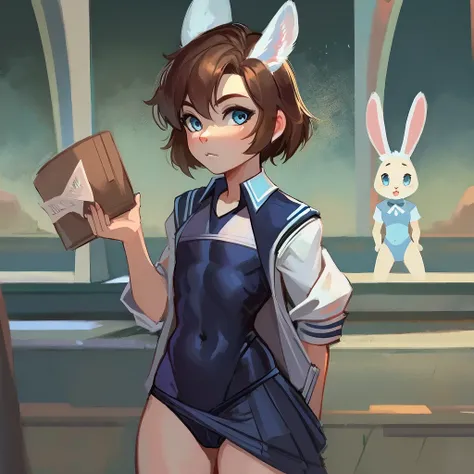 teen, femboy, strike witch, white bunny familiar, caucasian, in uniform (navy one-piece swimsuit brief cut and sailor dress jacket), light blue eyes, brown hair, flat chested