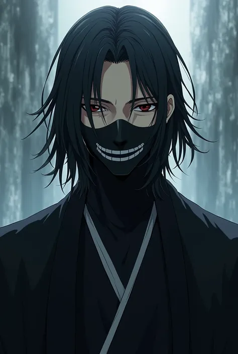 a male character from the anime Bleach with black hair tied with a hollow mask covering his entire face except the lower right