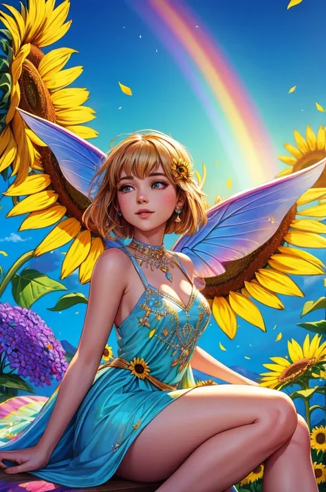 A fairy sitting atop a bright sunflower under a vivid blue sky, her pose playful with her legs dangling. Her wings sparkle with rainbow reflections, and her dress is crafted from sunflower petals. Background includes rolling meadows dotted with wildflowers...