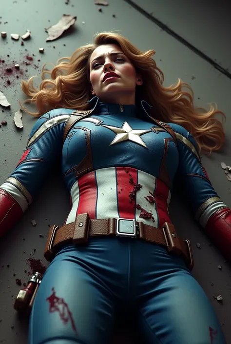  Generate ah a woman wearing a Captain America , injured and injured ,  costume lying on the ground with some parts of the shield embedded in her abdomen