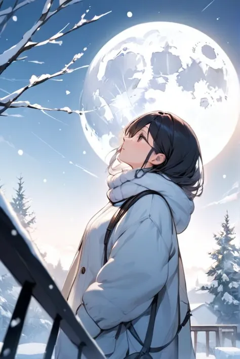 A girl in warm clothes looking at the winter moon