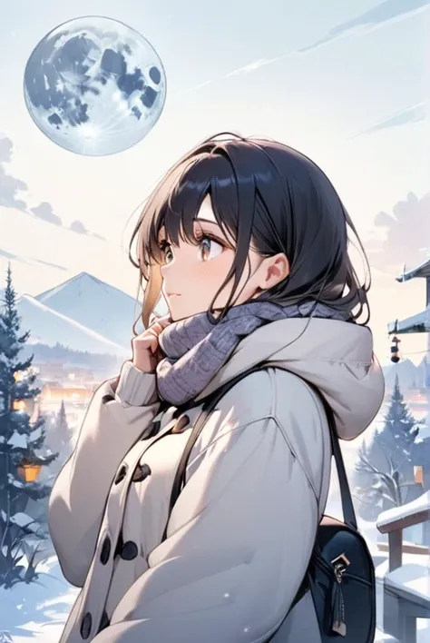 A girl in warm clothes looking at the winter moon