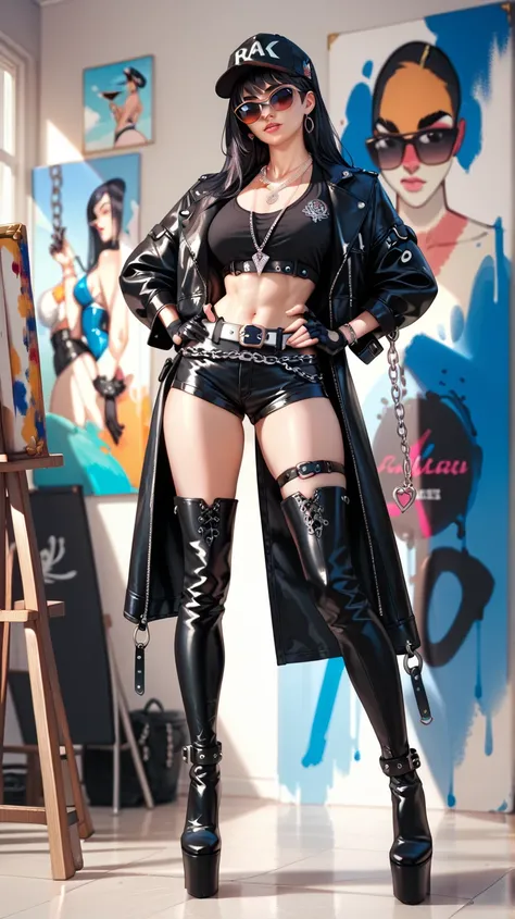 Full body painting　 cap black short leather jacket　 Necklaces 　 black leather hotpants 　 thick belt　extra long platform thigh-high boots　Black gloves　 Necklaces 　 large belt buckle　Tall, long-legged woman　Chain wallet 　Long black hair　 sunglasses　８Head to ...