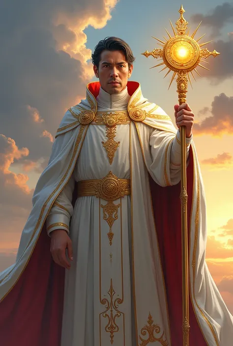  Bishop dressed in white with red ornaments ,  character with a golden scepter with a symbol of the sun about 40 years old,  black hair
Dungeons and Dragons , In the background with sky in the late afternoon 