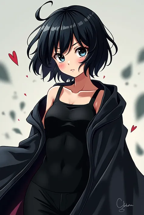 MHA ART STYLE,Black short hair Girl, Black eyes, wearing Black robe and Black Tank top,MHA ART STYLE

