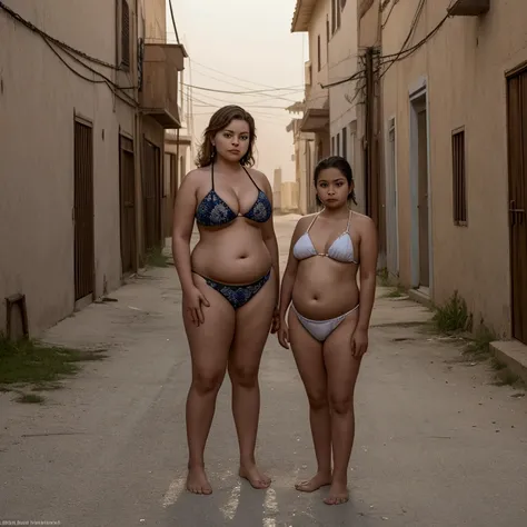 Masterpiece, Best Quality, Photo of a chubby mother with her skinny daughter standing, in bikini and barefoot on a deserted street, looking at the viewer.