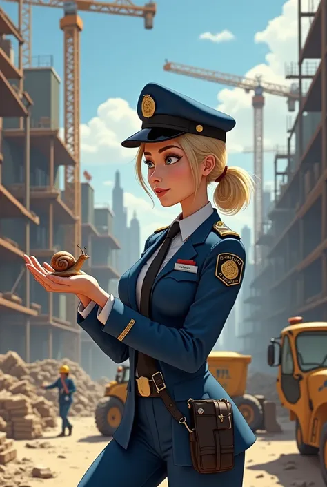  Create a picture with a construction site and a policewoman in uniform, Who has a snail in her hand 