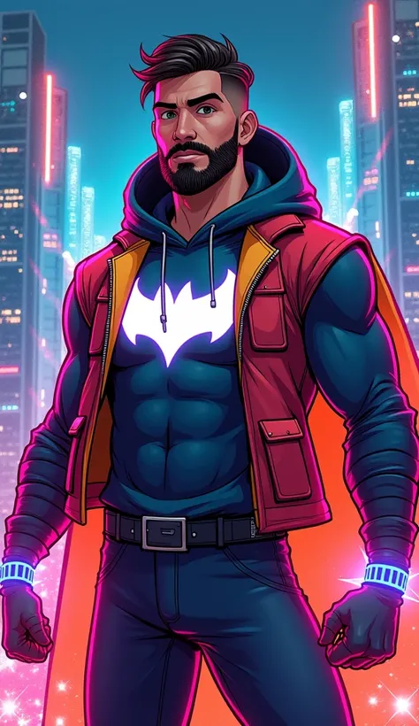 "A comic-style superhero blending the aesthetics of Warner Bros animation and vibrant, futuristic designs. The superhero, inspired by a real-life individual (male with a trimmed beard and short hair), wears a dynamic outfit that combines high-tech elements...