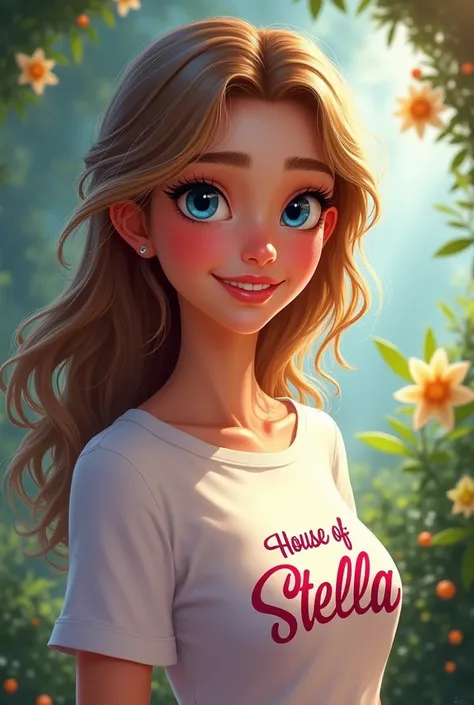 beautiful girl, In Pixar version or Disney princess version .  written on it She has ice blue eyes and light brown hair.  She must wear a t-shirt with  "House of Stella"
