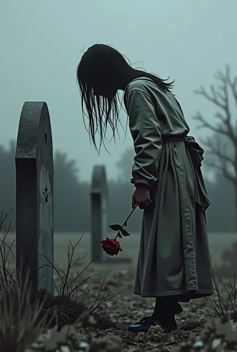 a girl wearing worn out clothing looking down on a grave holding a rose, scenery and girl in black and white, acept the red rose, photo-realistic, cinematic lighting, dramatic contrast, moody atmosphere