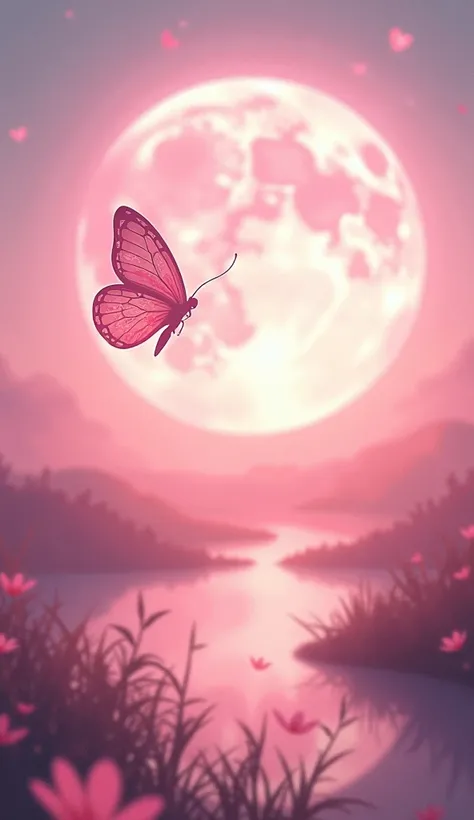 Make a sketch of a picture of a pink glowing moon and a pink butterfly