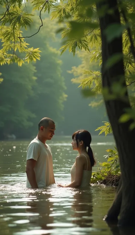 Realistic photo work, original photo, distant photo, photo of a bald man from Indonesia, thin wearing an oversized white t-shirt, from behind trees and bushes, peeking at a Korean woman, bathing in a river, wearing a river bath, the afternoon exudes light ...