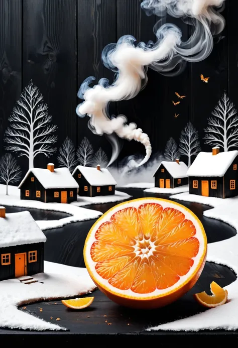 in an orange slice, winter landscape ,Village+dark botanical, on a black wooden textured board.magic.smoke