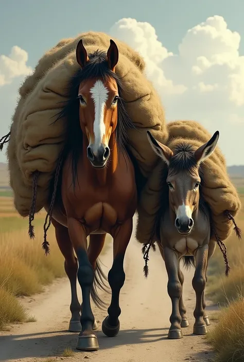  The horse had an accident hurting its leg  , now it was carrying a dung bag along the same road that it found with the donkey again,Both carry a bag of manure on their backs the horse with tears in their eyes 