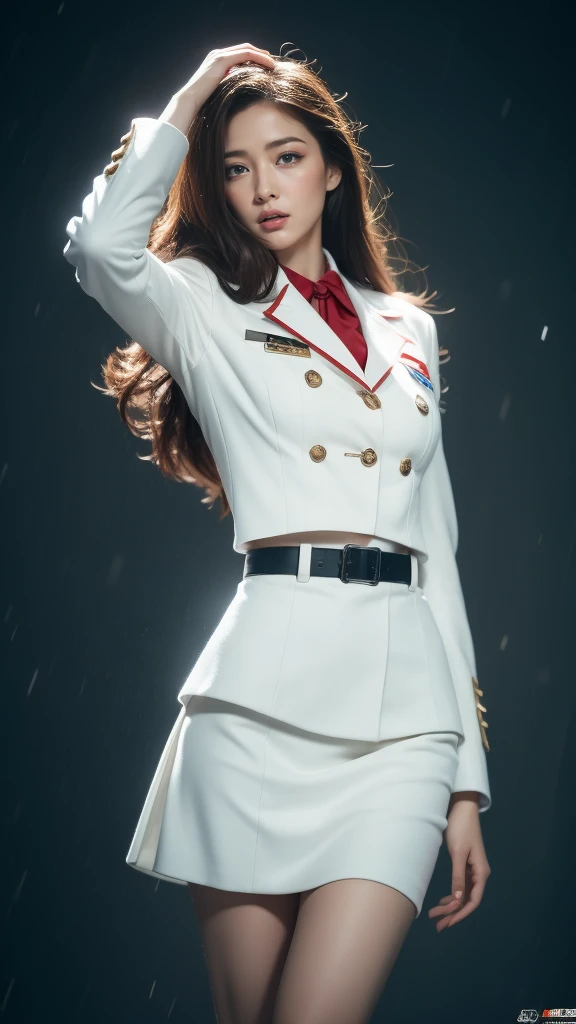 Sexy facial expressions,Detailed Faces,Sexy poses, ((Female soldier ))，(((Wild snow)))，((Masterpiece:1.2, Best quality)),Movie,offcial art,promotional art,movie wallpapers,（Red hair.）, （White suit mini dress，Double-breasted style，White pleated skirt hem）,U...