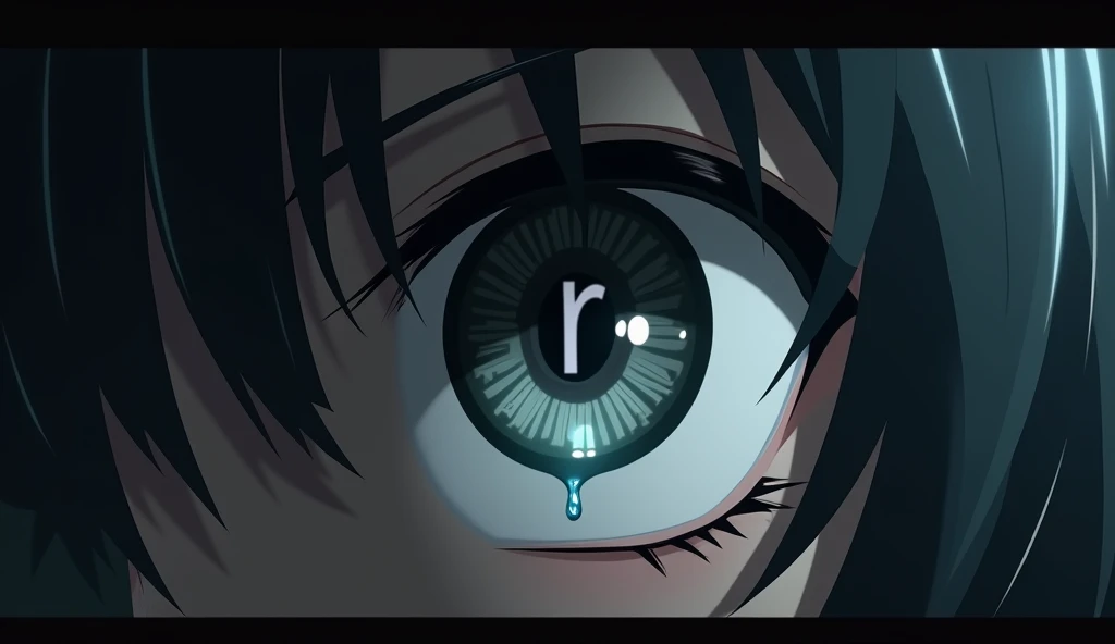 8k, best quality, masterpiece, 3D anime, ultra detail, photo realistic, Increase quality, 
Close-up eye with tear and have letter R in the center of the eye, in the style of dark and brooding designer, voluminous mass, jagged edges