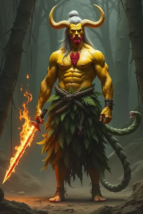 Homme à peau jaune à épée de feu avec bouc rouge, cornes de bélier, cheveux gris attachés en chignon, corps musclé, queue avec tête de serpent qui crache du feu, jupe de feuilles