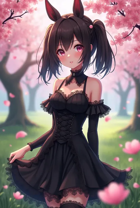 Nagatoro in gothic outfit standing in a cherry blossom field and smiling 