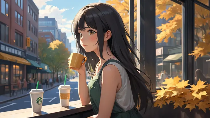  completely use the depiction of Makoto Shinkai,Summer Mackintosh portrait,Extremely beautiful,3０age,8k 4k masterpiece photo,A row of autumn ginkgo trees from the window ,Im at Starbucks coffee,new york, outside is a refreshing morning ,Jazz Cafe, and look...