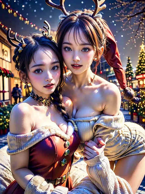 (((gorgeous christmas illuminations on street trees:1.3))),christmas tree night lighting,(((wallpaper of two women enjoying sant...