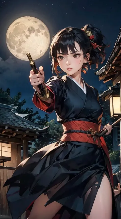 2 girls, medium hair, drill hair, small breasts, thin waist, medium hips, kunoichi outfit, fishnets, nunchaku, gauntlets, very serious, combat pose, (above a rooftop), (Japanese feudal era), (night, moon), 