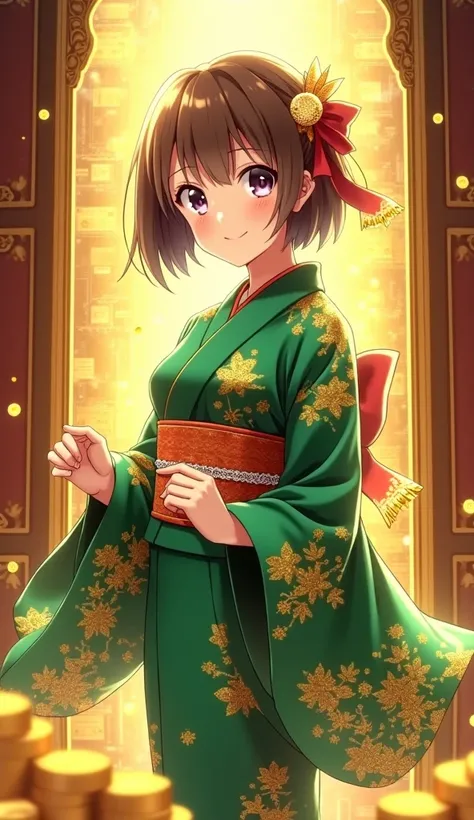 Create an anime girl with short brown hair, wearing an elegant emerald green and gold kimono with flowing sleeves. She stands in a lavish mansion surrounded by vaults of gold and sparkling money. Her kimono reflects the wealth of her surroundings, with the...