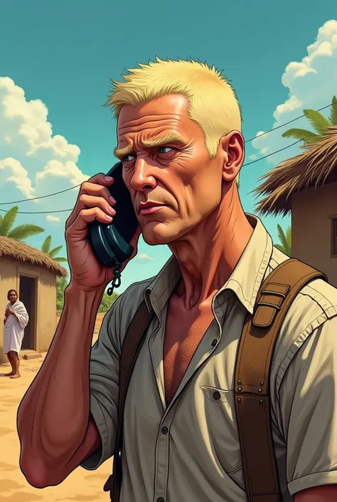  White man with very short blond hair talking on the phone in Africa in poverty , ren in anime , comic