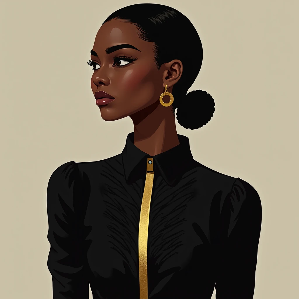 Create a design featuring a young Rwandan woman with rich dark skin and a radiant appearance. She is wearing a sleek black shirt with a bold, elegant golden line running horizontally across the chest. The shirt is detailed with intricate Z textures that re...