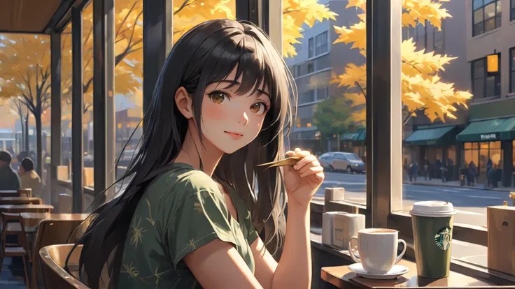  completely use the depiction of Makoto Shinkai,Summer Mackintosh portrait,Extremely beautiful,3０age,8k 4k masterpiece photo,A row of autumn ginkgo trees from the window ,Im at Starbucks coffee,new york, outside is a refreshing morning ,Jazz coffee shop ,B...