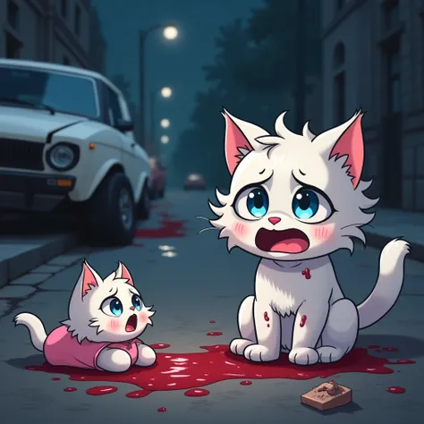 A small, white cartoon cat, with large, sad blue eyes and visible wounds, sits on a dark gray street.  The cat is in the mid-ground, slightly to the right of center.  It is looking down, its mouth open in a distressed expression. Its body language and the ...