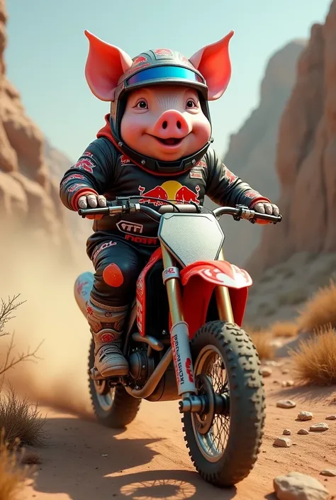 Create the image of a pig riding a motocross bike!